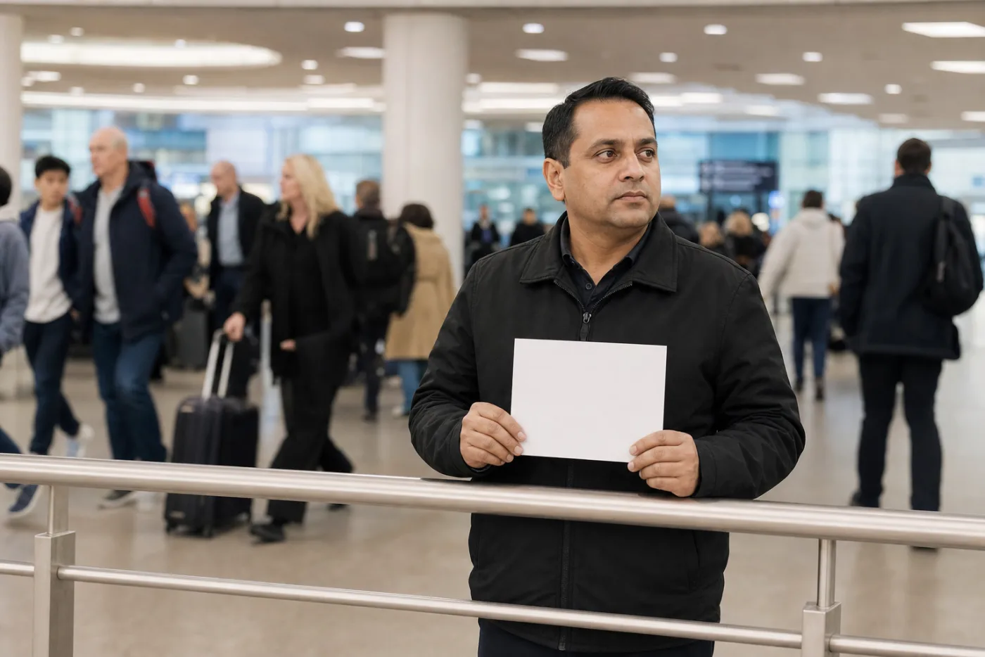 A driver waiting in an airport arrivals hall