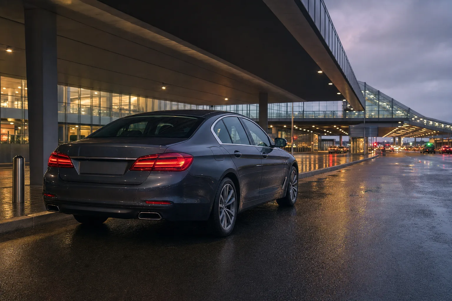 A clean dark saloon car waiting at an airport pick-up area at dusk